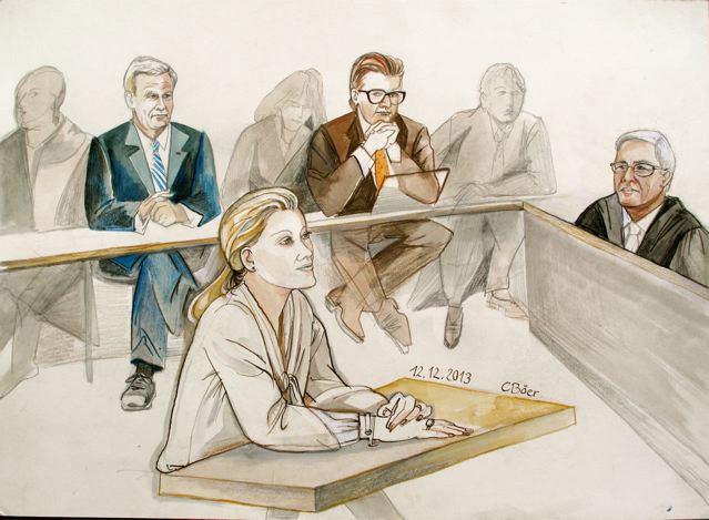 Gerichtszeichnung von Christine Böer. Prozess gegen Bundespräsident Christian Wulf
