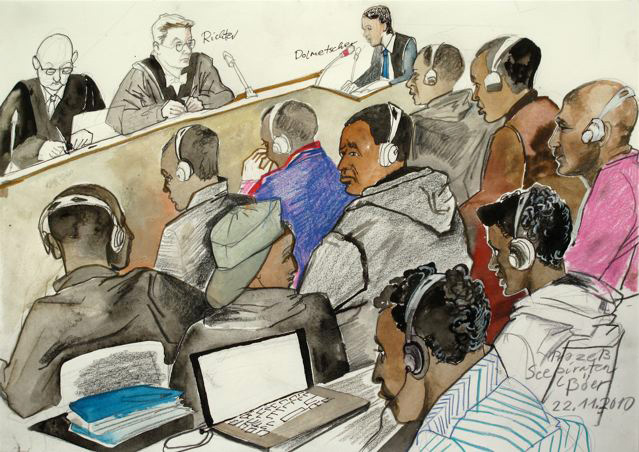 Gerichtszeichnung von Christine Böer. Prozess gegen somalische Seepiraten